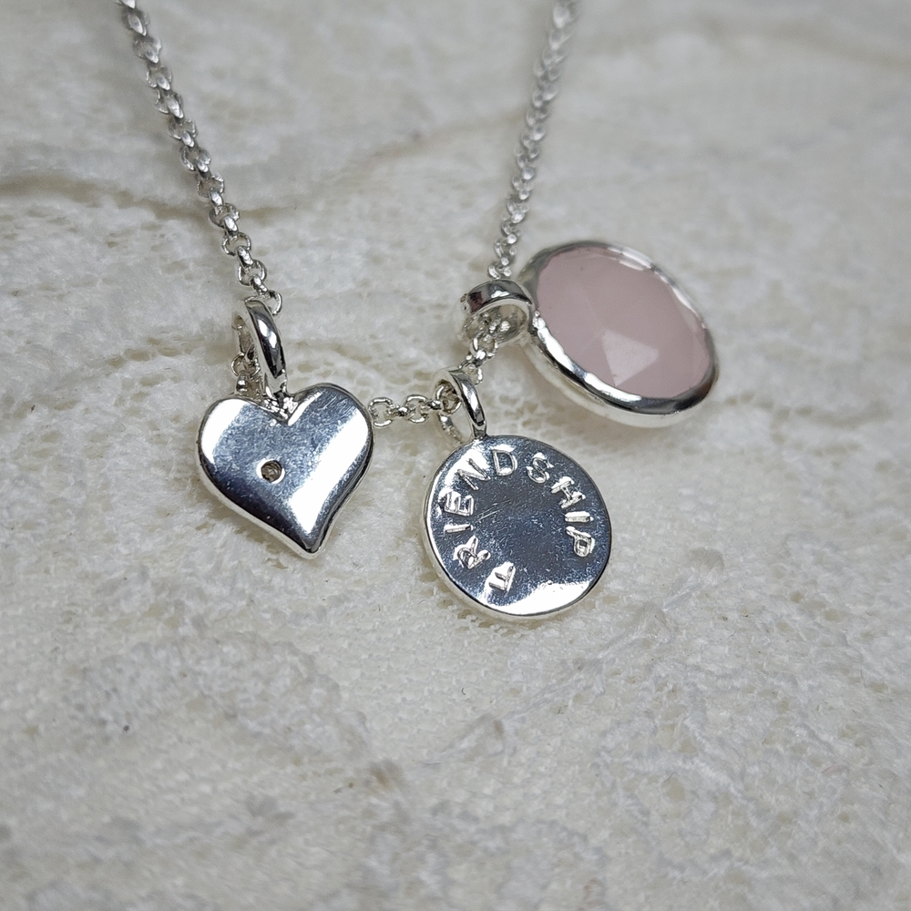 Necklace With A Silver Toned Heart, Friendship Charm & Pink Gem